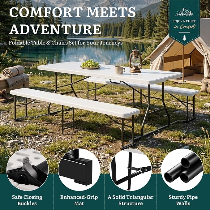 YITAHOME 6ft Folding Picnic Table with Benches, Heavy Duty Iron Frame & HDPE Plastic Table Set, Portable Outdoor Folding Table with Center Lock for Backyard, Park, Camping, Beach, White