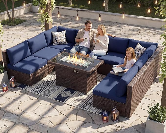 NICESOUL Large Size 9 Pcs Outdoor Patio Sectional Sofa Set with Firepit Natural Gas/Propane, 29.3'' High Back Conversation Sectional Couch Sets Deep Wide Sitting, Brown Rattan and Navy Blue Cushion