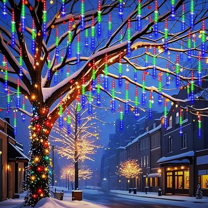 Weepong Meteor Shower Outdoor Christmas Lights 32 Tube 768LEDs Snow Falling Rain Cascading Icicle Light for Christmas Halloween Tree Decorations Wedding Party Garden Decor, UL Plug Multi Color