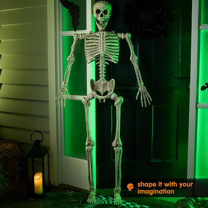 JOYIN 5.6 FT Halloween Posable Life Size Skeleton Full Body Realistic Bones with Movable Joints for Halloween Indoor and Outdoor Decoration Props Spooky Scene Party Decorations (White)