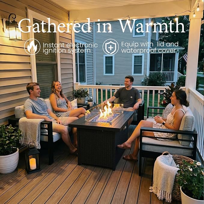 LayinSun Aluminum Furniture Set with Fire Pit Table, 5 Pieces Patio Sectional Conversation Chat Sofa Modern Seating Set