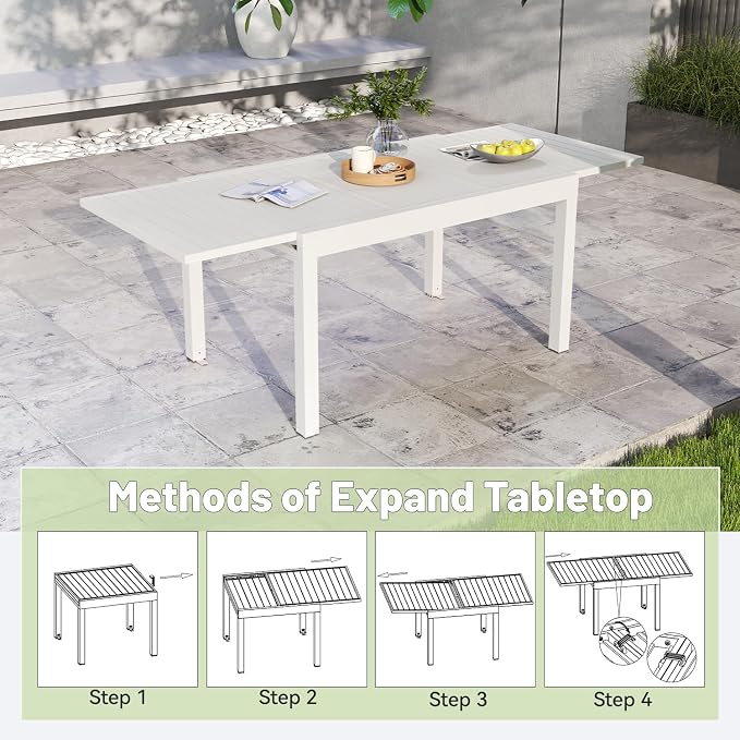 All Aluminum Expandable Patio Dining Table for 4-6 People, Extendable Outdoor Dining Room Table, All Weather Patio Furniture, Rectangular Metal Table with Adjustable Width 35"- 71", Ivory White