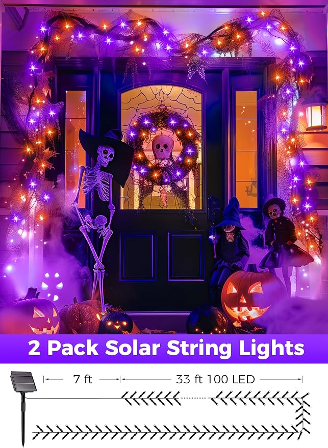 Minetom 2Pack Solar Halloween Lights Outdoor,Total 80FT 200LED String Light | Solar Halloween Decoration Outdoor with 8 Mode, Waterproof Solar String Lights for Outside Tree Yard, Orange & Purple
