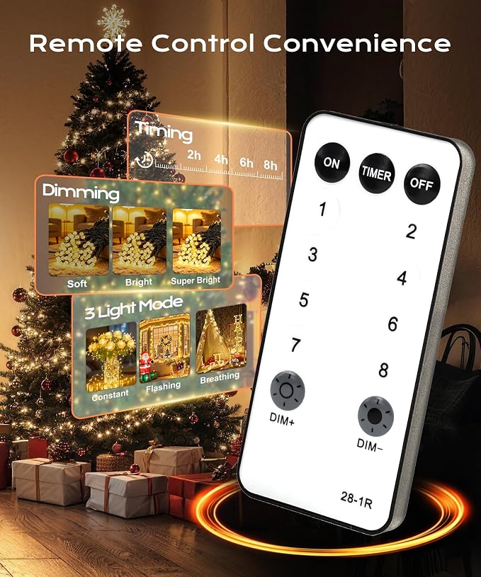 66ft 100 LED Warm White Christmas Fairy String Lights, Remote | 8 modes with timer function; perfect for indoor or outdoor house, bedroom & room aesthetic decoration or holiday party decor.