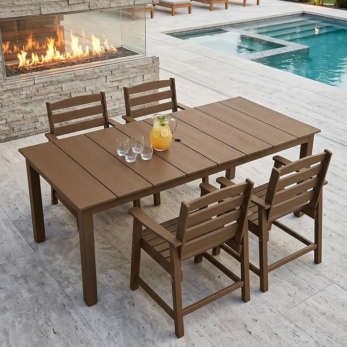 PLUUV 5-Piece Patio Dining Set, Hdpe Outdoor Patio Furniture Set with Aluminum Table Legs & Umbrella Hole, All-Weather Resistant Patio Table Set for Garden, Backyard, 4 Chairs & 1 Table, Brown