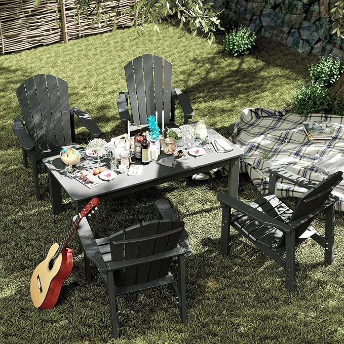 nevilywood 5-Piece HDPE Adirondack Chair Set, 4 Stackable Chairs Coffee Table, All-Weather Wood Grain, Patio Garden Backyard,Gray