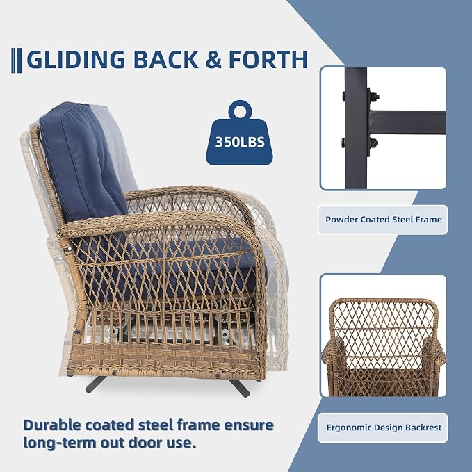 5-Piece Wicker Patio Furniture Sets Outdoor All-Weather Rattan Conversation Set Includes Glider Loveseat, 2 Glass-Top Coffee Tables, 2 Glider Rocker Chairs for Porch Backyard, Navy Blue