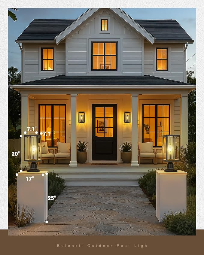 Beionxii Outdoor Post Lights, 20in Post Lantern with Pier Mount Base, Aluminum Street Lights with Glass, Fence Post Deck Lighting for Garden, Patio, Pathway, BXA291-P-2PK-O (NOT Solar, 110-120V AC)