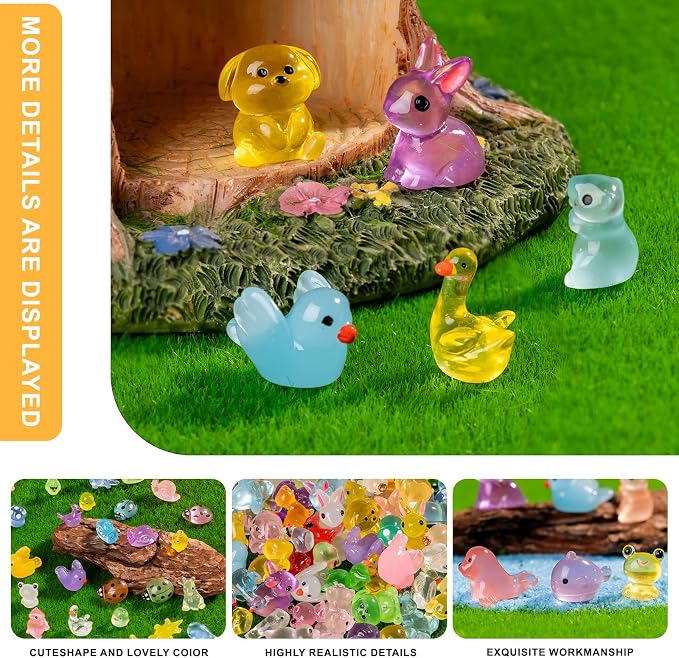 110 pcs Luminous Mini Resin Animals Many Styles Variety Tiny Animals Figures Miniature Little Small Animal Figurines Bulk for Micro Fairy Garden Landscape Accessories Hide Crafts Decor Aquarium