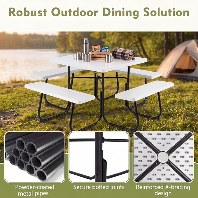 GYMAX Picnic Table Bench with Umbrella Hole, 8 Person Square Outdoor Picnic Table with Metal Frame & HDPE Tabletop, Camping Table for BBQ Yard Patio, 2300LBS Capacity (White)