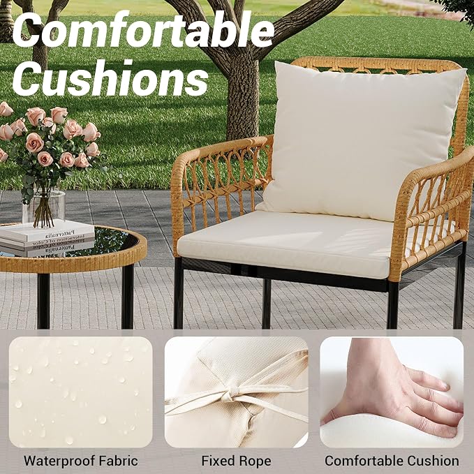 GarveeLife Wicker 3 Pieces Patio Bistro Sets Outdoor Conversation Sets with Glass Top Side Table and 2 Modern Rattan Chairs, Patio Furniture Set for Apartment, Backyard, Porch, Balcony, Lawn (Beige)