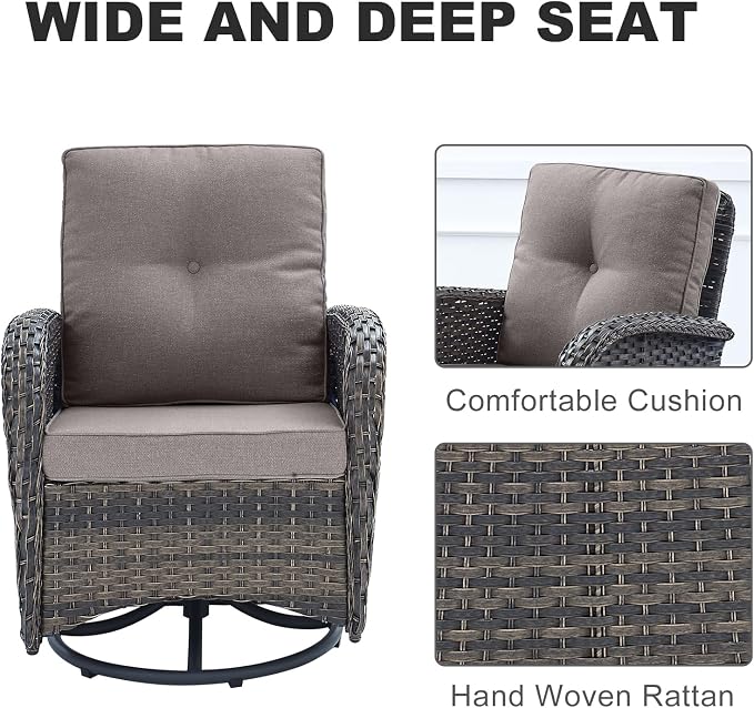 HUMMUH 7 Piece Patio Furniture Set with Fire Pit Table,Wicker Patio Swivel Rocker Outdoor Chairs 3-Seat Sofa for Porch,Poolside,Deck