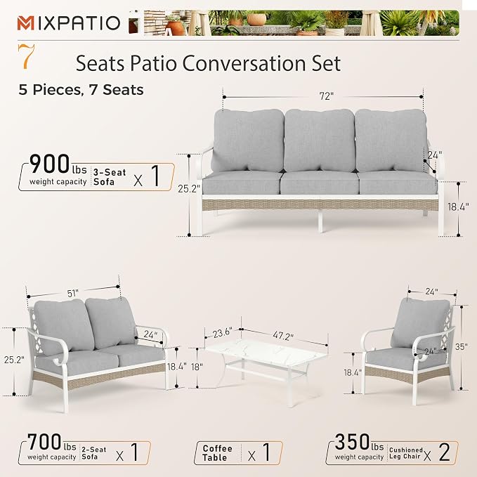 MIXPATIO 5 Piece Patio Furniture Set, 2 x Fixed Chair, 1 x 2-Seat Sofa, 1 x 3-Seat Sofa with Marbling Coffee Table, 7 Seats Outdoor Conversation Set for Lawn Garden Backyard, Light Gray