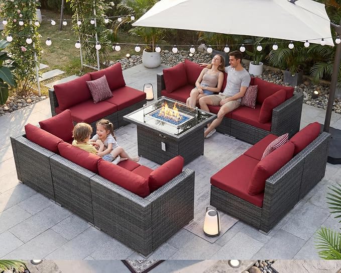 BULEXYARD 11 Piece High Back Outdoor Patio Set with Firepit, Extra Large Backyard Furniture Sectional Couch 10-Seater Modular, XL Big Wide Deep Outside Seating Area for Exterior, Grey & Red
