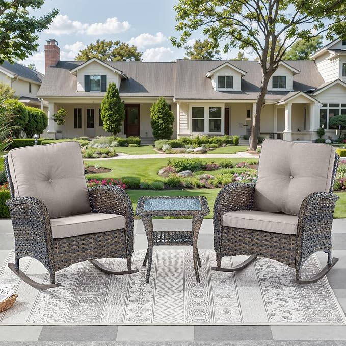 Outdoor Rocking Chairs Set of 2-Patio Table and Chairs Set Outdoor Conversation Furniture Sets for Deck Porch Garden Balcony Poolside-Brown/Beige