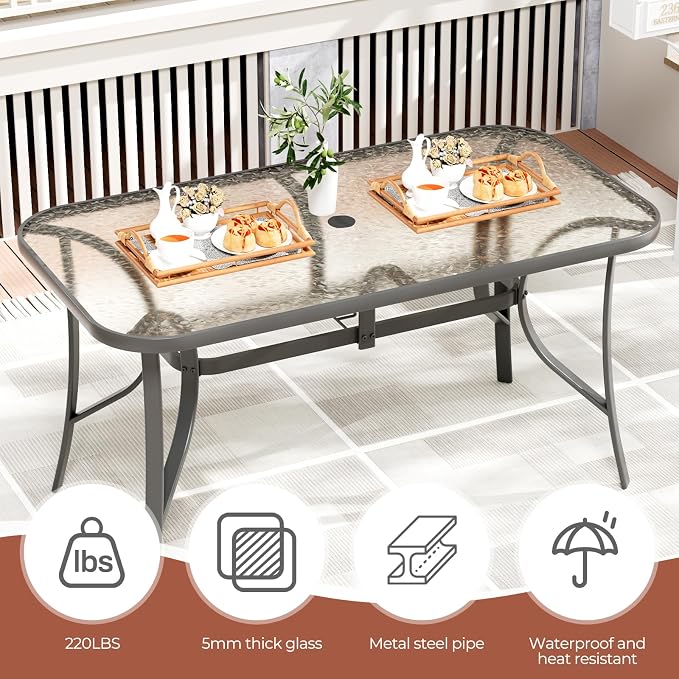 TLSUNNY 7 Pieces Patio Dining Set, Outdoor Table and Chairs W/1.69″ Umbrella Hole, 30"X 55" Table and Stackable Textilene Chair, All Weather Patio Furniture Set (Umbrella not Included) (Brown)