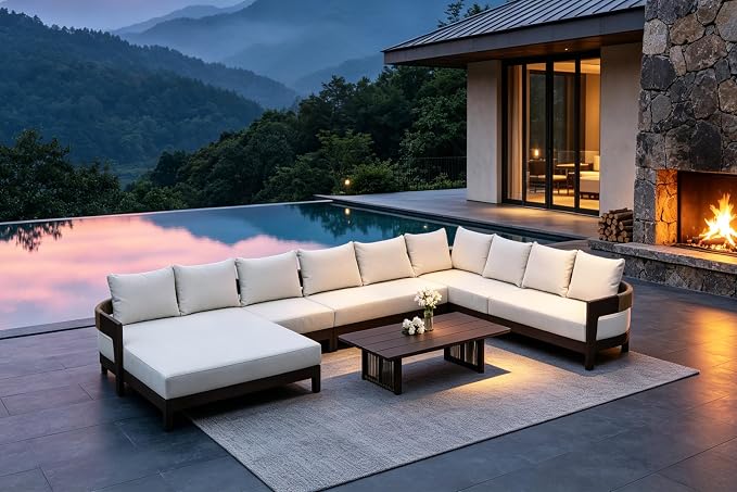 PURPLE LEAF Patio Furniture Set with Right-Arm Double Daybed and Table 10 Pieces Modern Aluminum Sectional Sofa 7.87" Thick Removable Cushions & Pillows Outdoor Conversation Sets for Porch Yard Garden