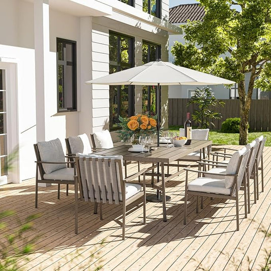HAPPATIO 9-Piece Patio Table and Chairs Set for 8, Aluminum Outdoor Dining Set with Cushions, 8 Dining Chairs, 1 Large Rectangular Table with Umbrella Hole for Lawn, Porch, Backyard, Grey