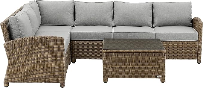 Crosley Furniture Bradenton 5-Piece Outdoor Sectional Sofa Wicker Conversation Patio Furniture Set for Deck, Brown with Gray Cushions