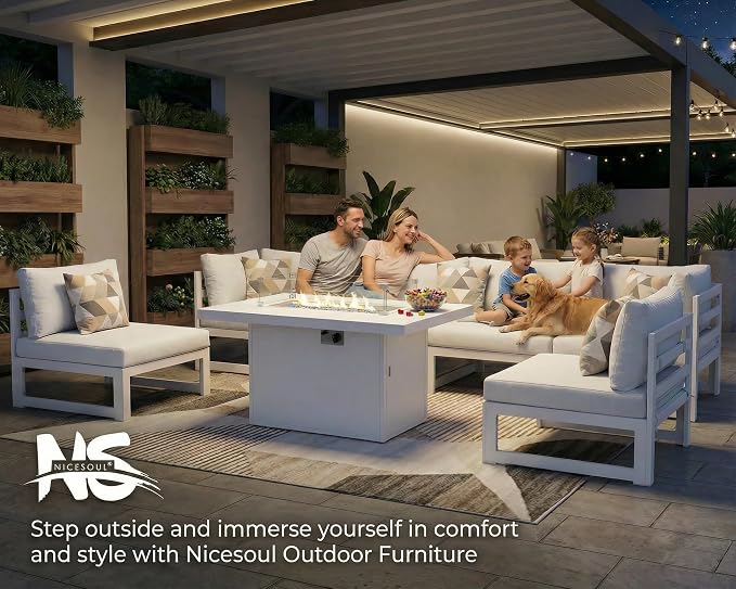NICESOUL 9 Piece Luxury Aluminum Outdoor Sectional Sofa with Fire Pit Table, Oversized L Shaped Patio Furniture Set, 29" Deep Wide Seating, 500 lbs Heavy Duty Conversation Set for Backyard, Light Grey