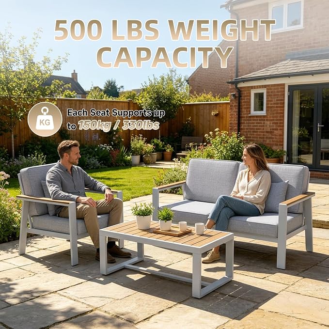 Premium Aluminum Patio Furniture Set 4 Piece,Outdoor Conversation Set with Wide Armrest,5" Thick Cushions, Olefin Fabric,Rustproof Metal Frame,Deep Seating Patio Sofa Set for Backyard,Deck,villa,White