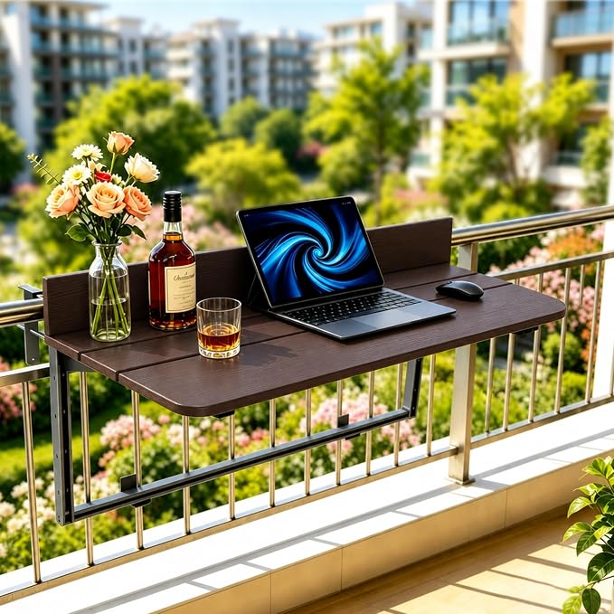 Foldable Balcony Bar Table for Railings, Folding Hanging Deck Rail Table for Small Apartment Patio,Outdoor Garden, 5-Level Adjustable Height, Rustproof,Weather Resistant, Easy Assembly