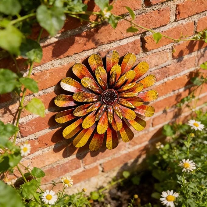 2 Pack Metal Flower Wall Decor, Hand-Painted Farmhouse Hanging Wall Art | 12 inch floral metal wall hanging with built-in hooks. Indoor & outdoor decor, garden farmhouse decoration.