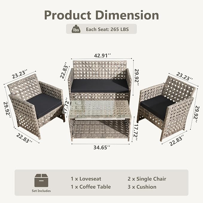 HOOOWOOO 4 Pieces Patio Furniture Set,PE Wicker Outdoor Conversation Sets,Weather Resistant Loveseat with High Back Chairs Table for Porch Balcony Yard Deck,Black