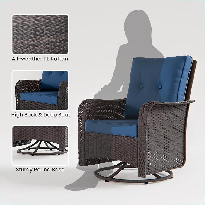 9 PCS Outdoor Patio Furniture Set,Outdoor Sectional Furniture All Weather PE Rattan Wicker Patio Conversation Set,Swivel Rocking Chairs Set,Navy Blue