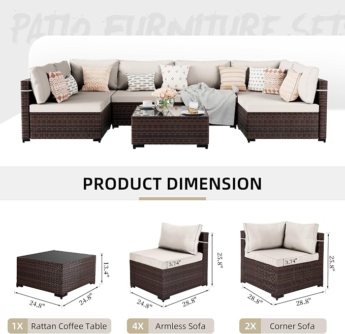 UPHA 7 Pieces Patio Furniture Sets, Wicker Outdoor Sectional Sofa Couch with Coffee Table, Patio Conversation Set for Deck Backyard Garden, Brown Rattan, White Cushion