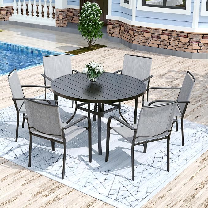 Anmutig 7 Piece Patio Dining Set 48 Inch Round Table Stackable Chairs Grey | Powder-Coated Steel Frame, Quick-Dry Textilene Mesh, Dual-Size Umbrella Hole, Weather Resistant, Patio, Garden, Backyard