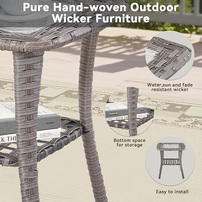 Outdoor Side Table with Storage Wicker Patio Side Table, Tempered Glass Top End Table for Balcony Porch Deck(Gray)