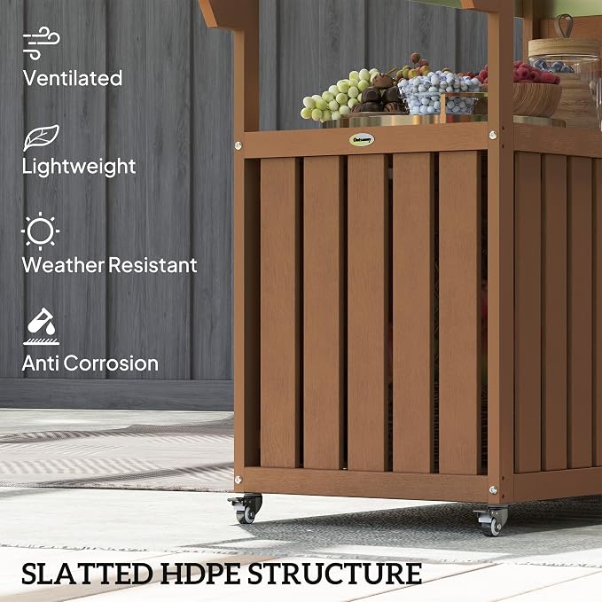 Outsunny Outdoor Bar Cart with Storage Cabinet, Stainless Steel Top Kitchen Island on Wheels, HDPE Outdoor Bar Table, Movable Patio Beverage Food Prep Table for BBQ Picnic, Brown
