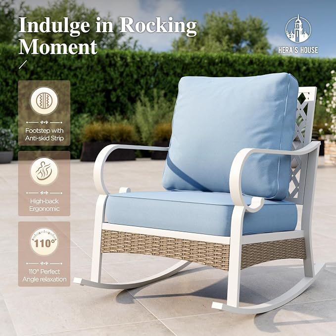 HERA'S HOUSE 5 Piece Metal Patio Furniture Set, 7 Seats All Weather Outdoor Conversation Set, 3 Seat Sofa with Loveseat, 2 Rocking Chairs, Coffee Table for Backyard, Garden, Deck, White/Blue