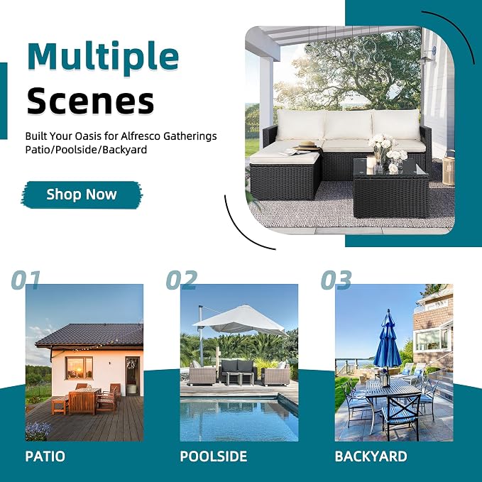 SUNLEI 3-Piece Patio Sectional Sofa, Patio Furniture Set with Detachable Soft Cushions, All Weather Outdoor PE Rattan Patio Conversation Sofa Set with Glass Coffee Table & Ottoman, Black Rattan/White
