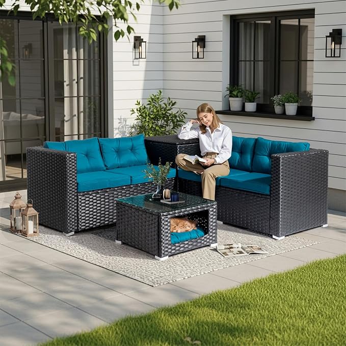 VINGLI 4 Pieces Outdoor Sectional Wicker Patio Furniture with Storage, Patio Sectional Sofa Outdoor Couch Conversation Set, Glass Top Coffee Table for Backyard, Pool, Garden(Black)