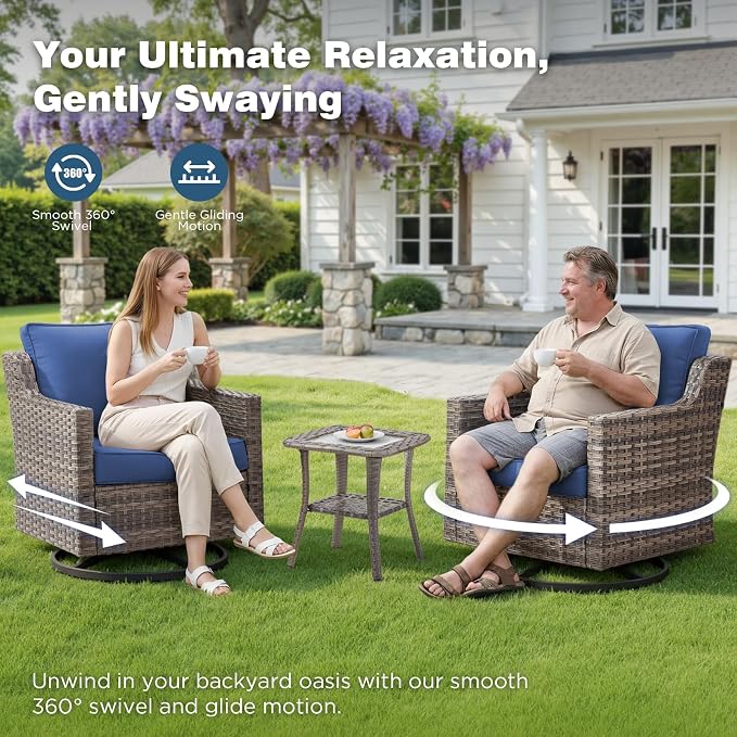 Belord Patio Wicker Swivel Rocker Patio Chairs with Side Table and 3-Seater Sofa, Outdoor Rattan Chairs for Deck Porch Garden, 6 Piece Luxury Patio Furniture Set, Blue