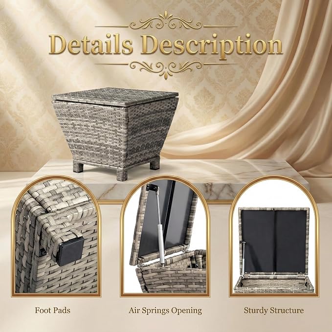 Outdoor PE Wicker Side Table with Storage, 13 Gallon Patio Storage Bin Container with Air Spring Lid, All-Weather Handwoven Rattan Coffee Table for Deck, Poolside & Garden, Grey (Gray)