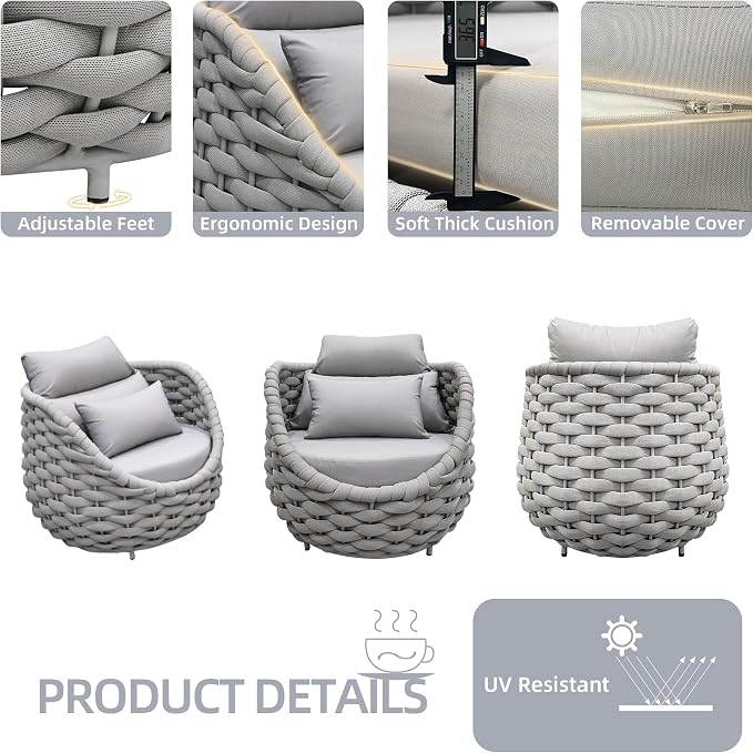 TWT 3 Piece Patio Furniture Set, Gray Woven Rope Conversation Set with Washable Cushions (Textilene Light Grey Rope w/Light Grey Cushion, 5pcs 4 Armchair+Table)