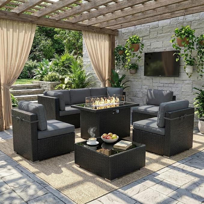 LayinSun 8 Piece Patio Furniture Set with 44" Propane Gas Fire Pit Table, Outdoor Sectional Conversation Set Wicker Rattan Sofa Set with Coffee Table
