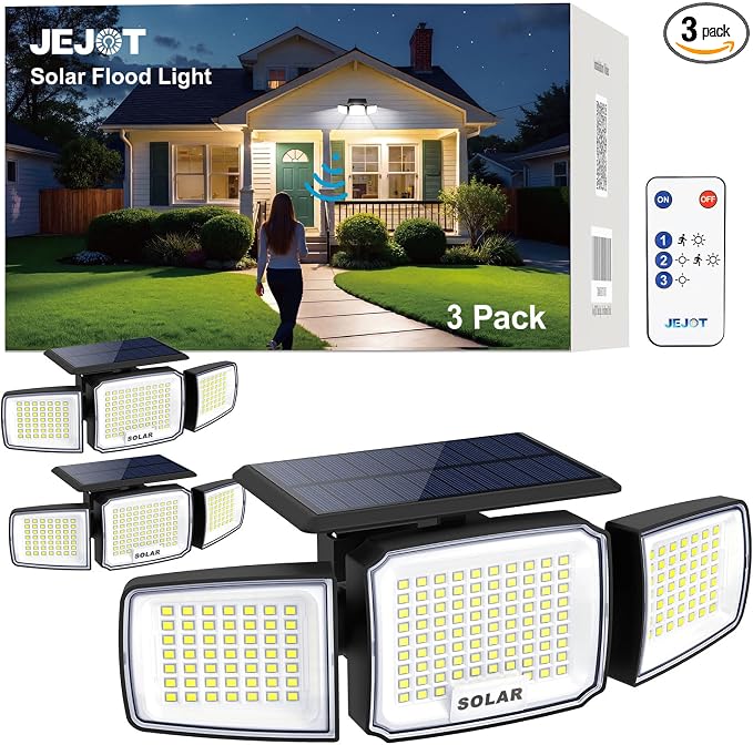 JEJOT Solar Security Light Outdoor Super Bright LED, Motion Sensor Flood Light, 3 Heads 270° Wide Angle,Remote Control, IP65 Waterproof, 3 Modes (3 Packs)