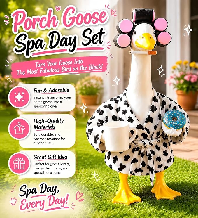 Goose Porch Outfit, 23-Inch Goose Statue, Leopard Print Bathrobe for Patio Home Decor, Comes with Curler, Waist Belt, Donut & Coffee Cup