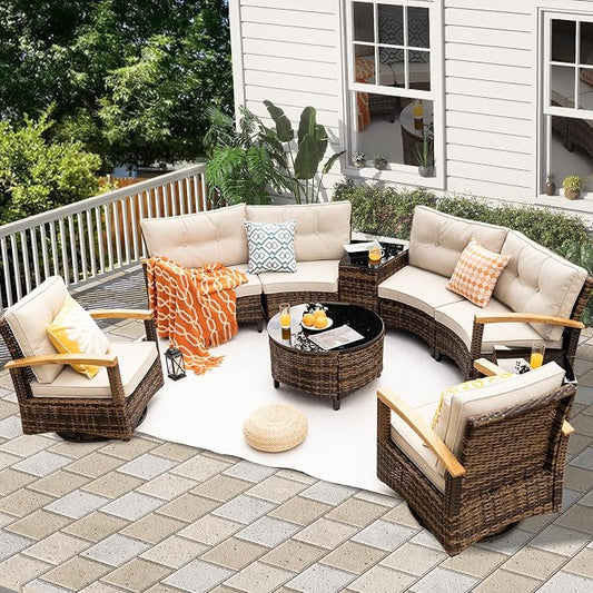 MEISSALIVVE 9 Piece Outdoor Patio Furniture Set, Half-Moon Curved Sectional Set with Wood Armrests, Patio Conversation Set for Porch,Deck,Balcony (Beige)