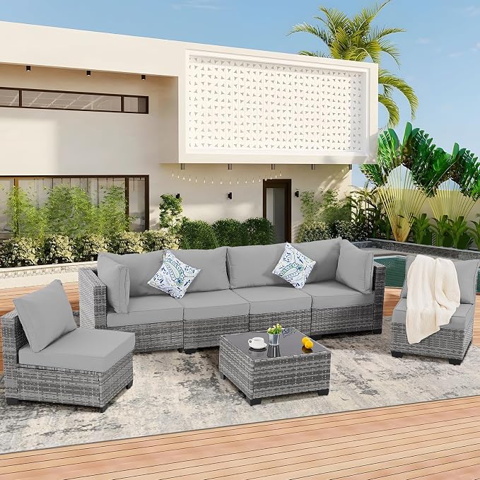 FHFO 7 Piece Outdoor Wicker Patio Furniture Set, Grey-Light Grey | Sectional Sofa | All-Weather Hand-Woven Rattan | Tempered Glass Coffee Table | Free Combination | Indoor & Outdoor Use