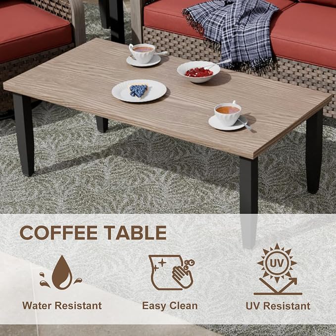 COOS BAY Modern Wicker Outdoor Furniture Set, 4 Piece Patio Conversation Set with 2 Patio Chairs, a 3 Seat Couch and Side Table, 4 Piece, Brown/Red