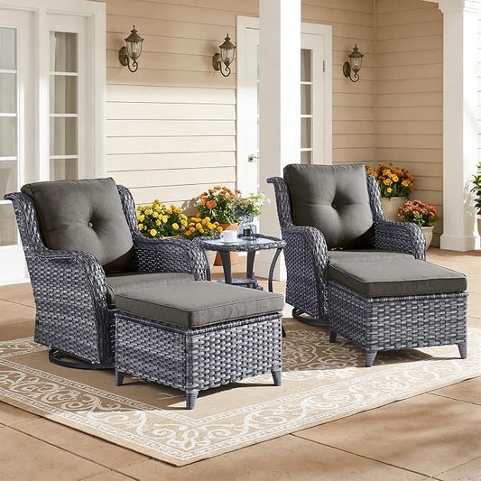 Outdoor Patio Furniture Set-5 Piece Outdoor Swivel Rocker Chairs with Ottomans Patio Furniture Set for Deck Balcony Poolside Backyard-Grey/Grey