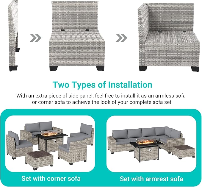 7-Piece Outdoor Patio Furniture Set with 55,000 BTU Fire Pit Table, PE Wicker Rattan Sectional Sofa Patio Conversation Set with Thickened Cushions & Coffee Table, Grey