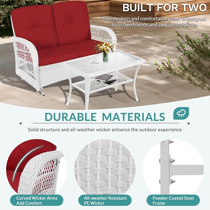 MEETWARM Outdoor Wicker Patio Glider Set, Loveseat for 2 Person Porch Furniture Glider with Glass-Top Coffee Table, Patio Glider Rocking Bench with Thickened Cushions, White Wicker/Red