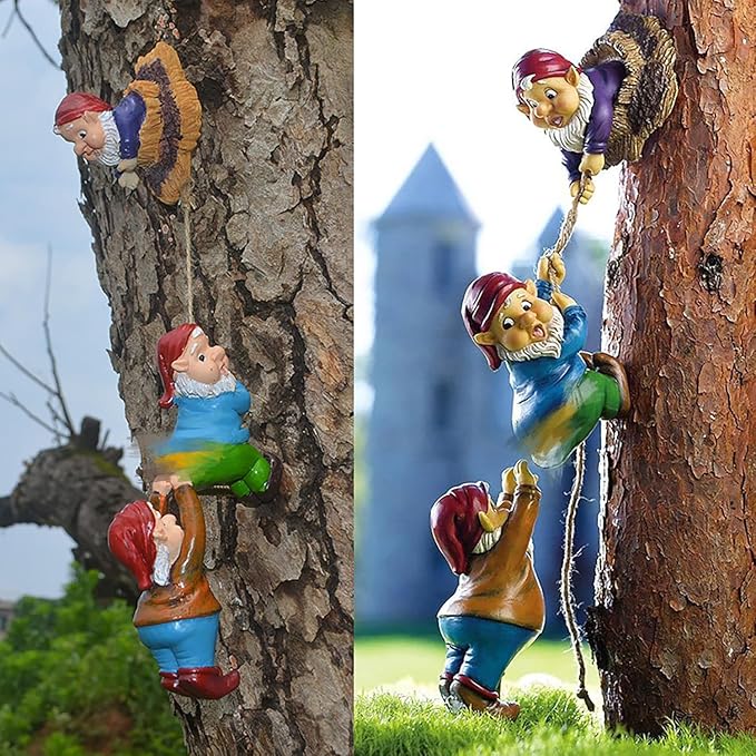 Gnome Statue Gift Climbing Rope Garden Gnomes Statue, Resin Garden Gnome Tree Hugger Outdoor Decor Accessories, Miniature Figurines Micro Garden Gnome Landscape Figurine for Lawn Balcony Patio