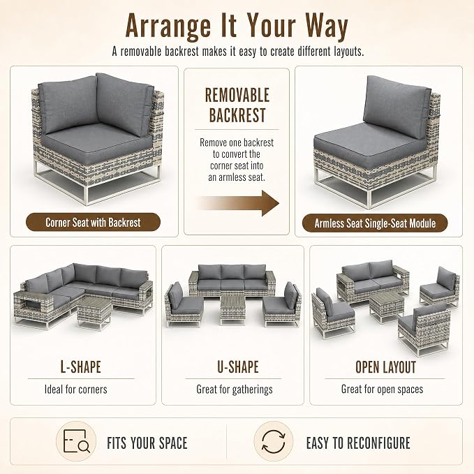 6-Piece Outdoor Patio Furniture Set, Modern PE Wicker Outdoor Sectional Sofa with Storage Armrests & 5.5" Thick Cushions, L-Shaped Couch for Deck, Porch, Backyard, Charcoal Gray
